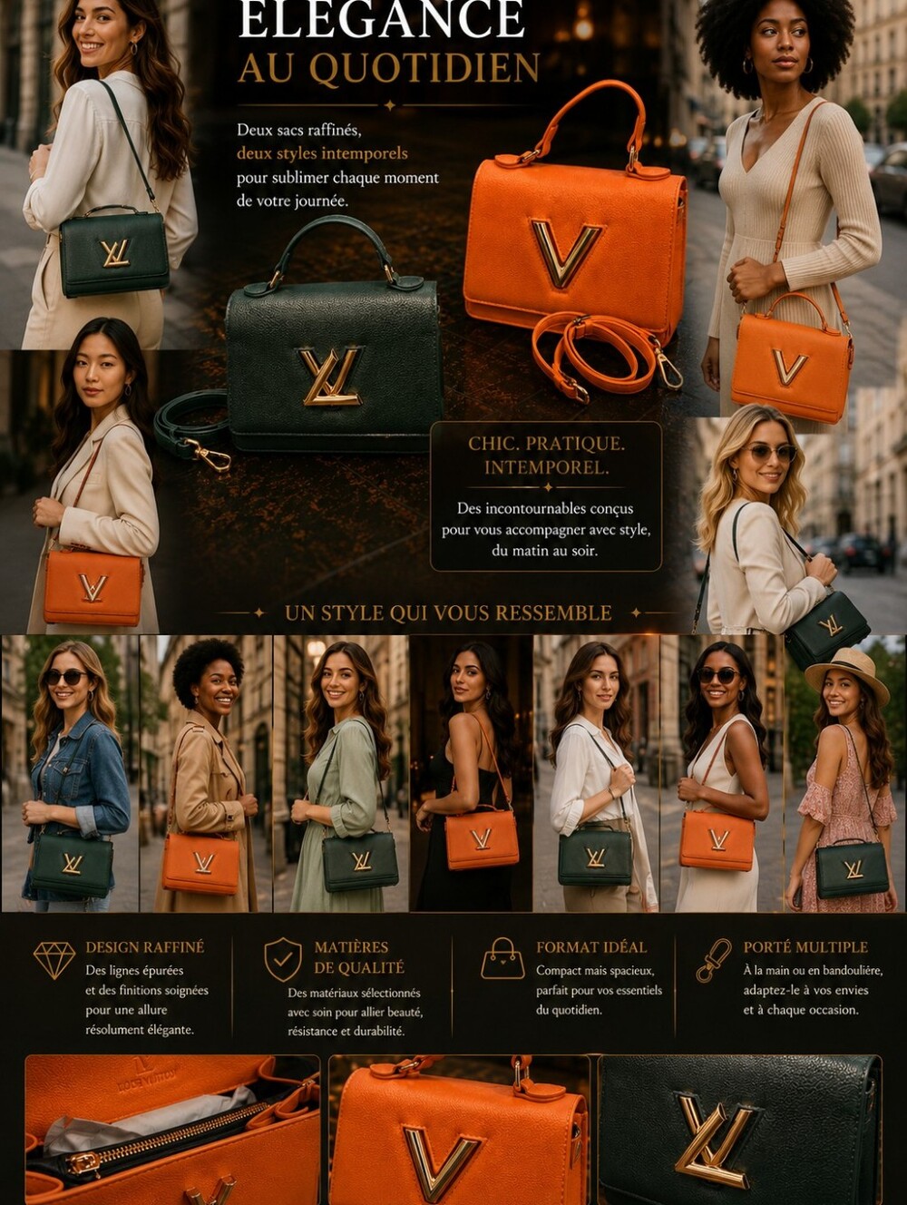 Orange and Dark Green Top-Handle Women's Bag with Gold Hardware